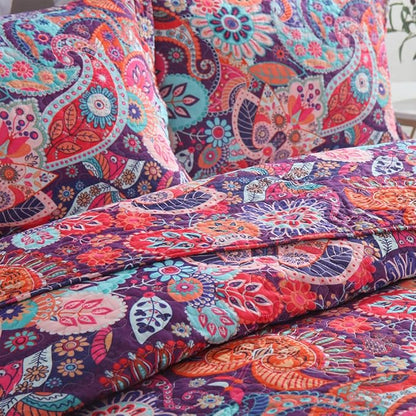 Cotton Bedspread Quilt Sets Reversible Bedding Coverlet Sets Comforter Paisley Floral Bohemian Bedspread,Bohemian Red Gorgeous Pattern,Queen Size