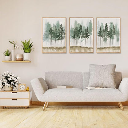 LHIUEM Foggy Pine Tree Framed Canvas Wall Art,Abstract Green Forest Wall Decor,Watercolor Nature Misty Forest Art Print for Living Room, Bedroom,Dining Room, Office-16''x24''x3
