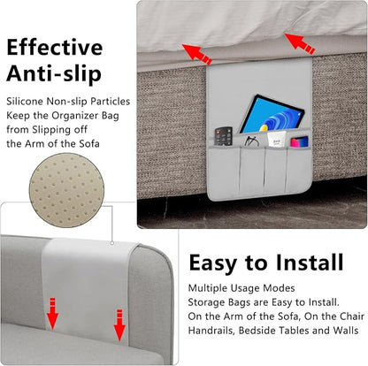 Remote Control Holder for Armchair, Couch Caddy Organizer TV Remote Holder for Bed Storage 5 Pockets, Remote Caddy Bedside Organizer Bedside Table Organizer (LightGray, 35"x12.4")