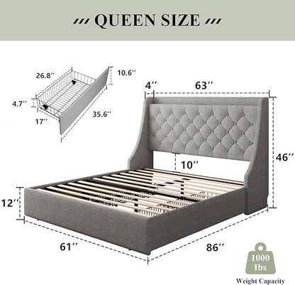 Feonase Queen Size Bed Frame with 4 Storage Drawers, Upholstered Storage Bed with Charging Station, Tufted Wingback Headboard, No Box Spring Needed, Light Grey, FEO737