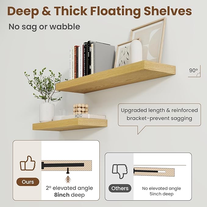 48 Inch Floating Shelves for Wall, 8 Inch Deep Floating Shelf for Storage & Display, Rustic Wall Mounted Shelf with Invisible Brackets for Living Room, Kitchen, Bathroom, Home Decor, Set of 2, Oak