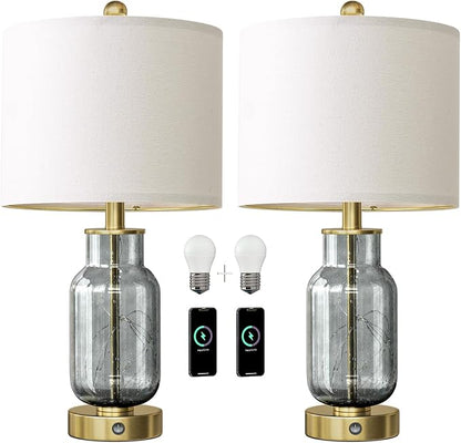 Oneach 22" Glass Table Lamps Set of 2, Gray Modern Bedside Lamp with LED Night Light for Living Room, Nightstand Lamp with USB Ports for Bedrooms, Study Room, End Table(2 Bulbs Included)