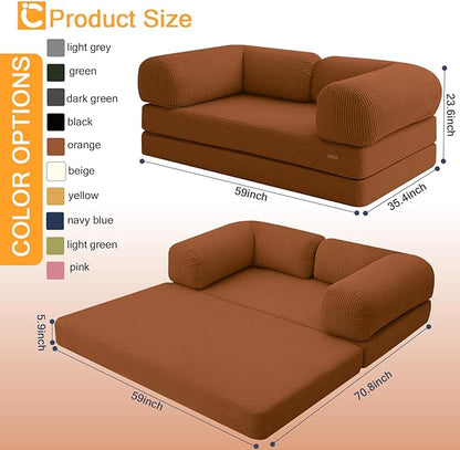 COMAX Futon Sofa Bed, 4-in-1 Floor Foldable Sofa Couch Bed Queen with L-Shaped Armrests, Convertible Folding Chair Bed Corduroy Sleeper Mattress Fold Out Comfy Lounge for Living Room, Orange