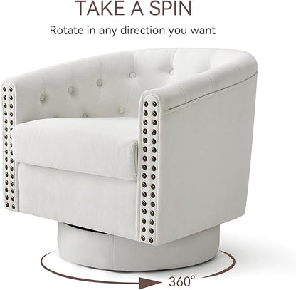 Swivel Barrel Accent Chair,Round Nailhead Chenille Fabric Living Room Arm Chairs,Modern Upholstered Comfty Reading Nook Chairs for Bedroom,Small Club Armchair,Single Sofa Side Chair,Ivory White