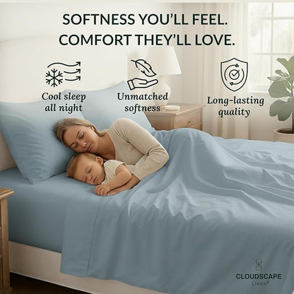 Cloud Scape Linen 100% Egyptian Cotton California King Sheet Set, 400 Thread Count,4 Pieces Luxury Bedding Set, Hotel Quality, Silky Soft, Breathable and Durable, Deep Pockets up to 17, French Blue
