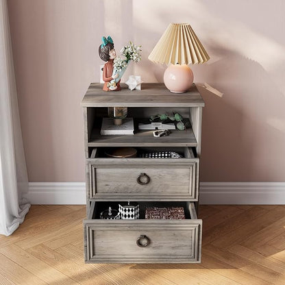 Set of 2 Nightstand with 2 Drawers, 18"W Night Stand with Drawers for Bedroom, Large Accent Bed Side Table and End Table with Open Compartment-Easy Pull Handle, Textured Border for Living Room,Gray