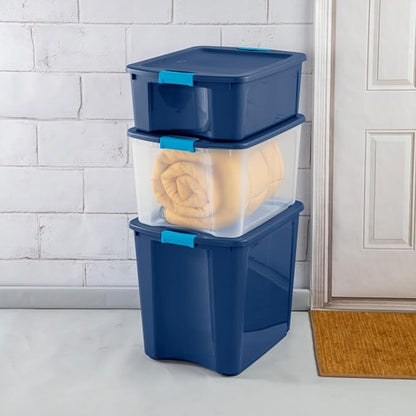 Sterilite 18 Gal Latch and Carry, Stackable Storage Bin with Latching Lid, Plastic Container to Organize Closets, Clear with Blue Lid, 18-Pack