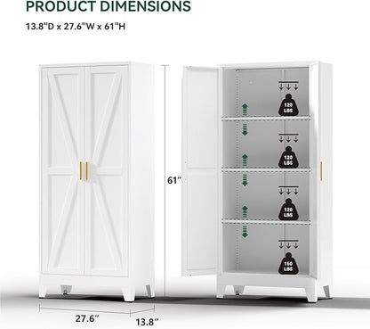 Farmhouse Pantry Cabinet with Barn Doors,61" H x 27.5" W,Metal Cabinet with Adjustable Shelves,4-Tier Storage Cabinet for Kitchen Dining Room Garage,White