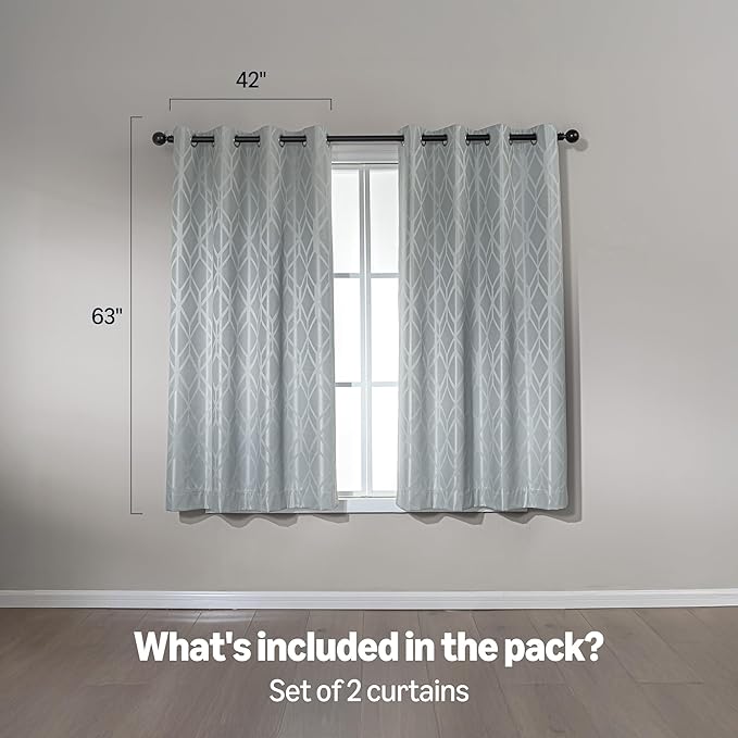 Amazon Basics Jacquard 2-Piece 100% Blackout Curtains, Living Room and Bedroom Drapes, Thermal Insulated Window Treatment, 42"x63", Light Grey