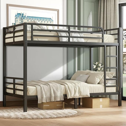Twin XL Over Twin XL Bunk Bed Frame, Heavy Duty Metal Loft Bed for Adults/Teens, 350/500LB Capacity w/Ladder & Guardrail, Noise-Free Steel Slats, No Box Spring Required, Black