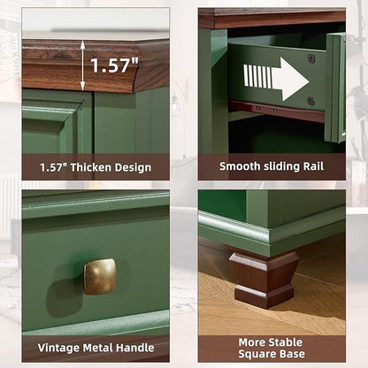 SAVOR LIFE Farmhouse End Tables Living Room Set of 2, Rustic Wood Nightstand with 1 Drawer, Bedside Table with Open Shelf for Bed Room, Side Table for Living Room, Green