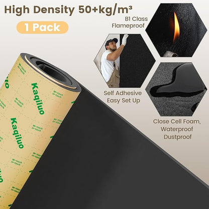 Self-Adhesive Sound Insulation Acoustic Foam, 32.3 sqft x 0.79in Thick, 50+kg/m³ ，Sound Proof Padding,Fire,Water Resistant ,Thermal Insulation,Cold Proof Acoustic Treatment Foam