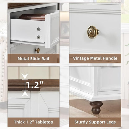 24" Wide Farmhouse Night Stand,Large End Table with 3 Drawers & Metal Handle,White Wood Dresser for Bedroom Cabinet, Bed Side Tabl·e Chest of Drawers,Nightstand for Living Room