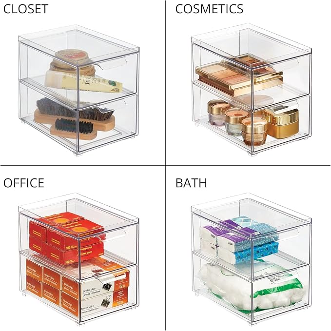 mDesign Stackable Storage Containers Box with 2 Pull-Out Drawers - Stacking Plastic Drawer Bins for Master or Guest Bathroom, Linen Closet, Vanity, or Makeup Table - Lumiere Collection - 8 Pack, Clear