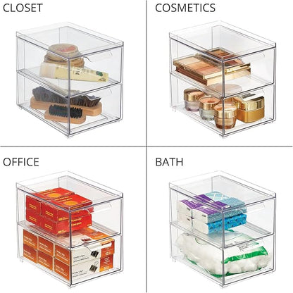mDesign Stackable Storage Containers Box with 2 Pull-Out Drawers - Stacking Plastic Drawer Bins for Master or Guest Bathroom, Linen Closet, Vanity, or Makeup Table - Lumiere Collection -Clear