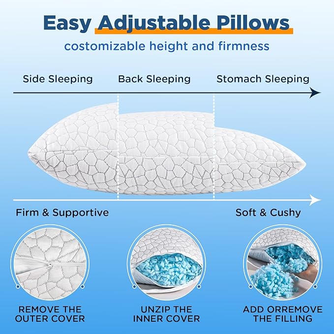 Cooling Pillows King Size Set of 2, Firm Shredded Memory Foam Pillows for Side Back Stomach Sleepers, Two-Sided Cool Neck Pillow for Neck Shoulder Pain, Luxury Gel Cold Bed Pillow for Hot Sleepers