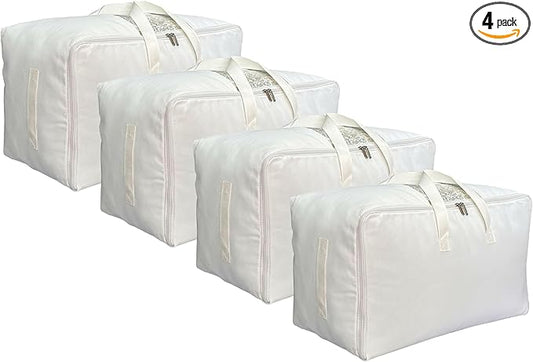 Soft Large Canvas Comforter Storage Bags with Four Carrying Handles and Clear Window, Closet Organizer for Clothing, Blankets Sheets Pillows and Bedding, 80L, 4 Pack, White