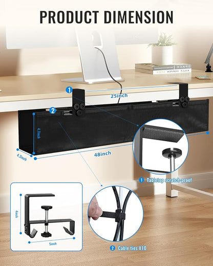 48" No Drill Under Desk Cable Management Tray - Upgraded Oxford Fabric with Cable Loop, No Damage to Table for Standing Desks and Home Office (Extra Large (48 Inch))