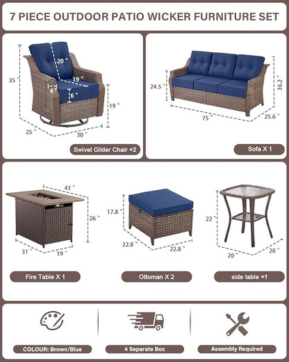 Belord Luxurious 7 Piece Patio Furniture Set with Fire Pit Table, High Back Swivel Rocker Glider Outdoor Chairs with 6" Blue Cushion, All-Weather Patio Conversation Set for Yard Garden Brown Wicker