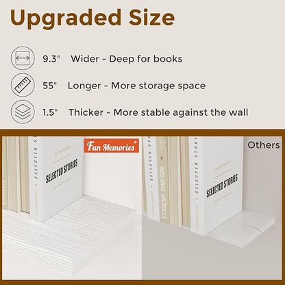 Fun Memories Floating Shelves 16 Inch Long, Wall-Mounted Bathroom Shelves Set of 2, 9.3 Inch Deep Shelf for Home Storage & Display, Wooden Deep Wall Shelves for Bedroom, Living Room, Kitchen, White