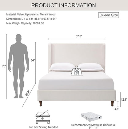 Harper 54" Extra-Tall Headboard Bed Frame - Modern Wingback Upholstered Platform Bed, 1000lbs Heavy Duty Support, Textured Chenille, No Box Spring Needed(Cream White Queen)