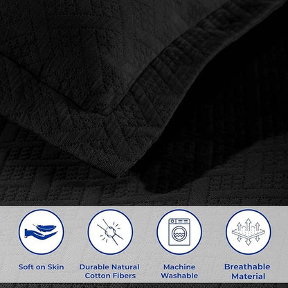 Superior 100% Cotton Basket Weave Bedspread with Shams, All-Season Premium Cotton Matelasse Jacquard Bedding, Quilted-Look Geometric Basket, Twin, Black