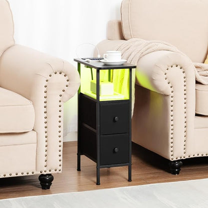 LOAKEKEL Narrow End Table Living Room with Charging Station, Skinny Side Table with Fabric Drawers, Slim LED Nightstand for Bedroom, Small Spaces, Couch, Black, HETNDP02LBK-1