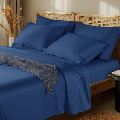LBRO2M 1000 Thread Count 100% Egyptian Cotton Sheets Set 6 Piece Sets King Bed Sheet Deep Pocket Sheet Set 16" Soft Comfortable All Season (King, Navy Blue)