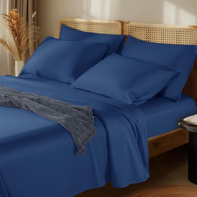 LBRO2M 1000 Thread Count 100% Egyptian Cotton Sheets Set 6 Piece Sets Full Size Bed Sheet Deep Pocket Sheet Set 16" Soft Comfortable All Season (Full, Navy Blue)