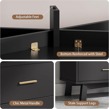 Dresser for Bedroom, 8 Drawer Wide Modern Chest of Drawers with X-Shaped Sturdy Base, Wood Double Dresser Closet Clothes Storage Organizer, Wooden TV Stand for Living Room, Hallway, Black