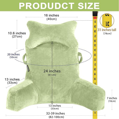 Reading Pillow-Extra Large 31" Bed Rest Pillow with Detachable Neck Roll & Arms for Sitting in Bed or Couch-Backrest Reading Pillow Adult Back Pillows for Reading/Watching TV/Gaming/Relaxing-Green