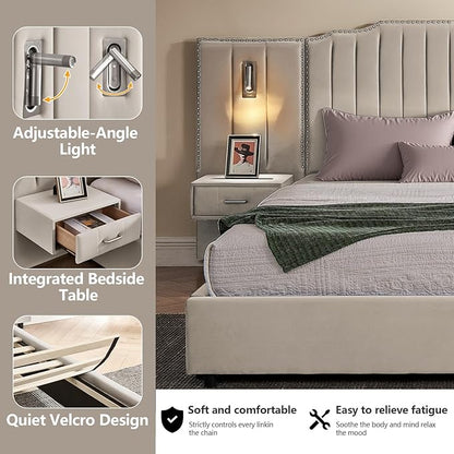 Luxury Queen Bed Frame with Headboard and Storage, Velvet Fabric Upholstered Platform Bed Frame Queen Size with LED Lights, Solid Frame & Bedside Table, No Box Spring Needed, Beige