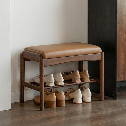 Black Walnut Shoe Bench Assembled, Solid Wood Shoe Rack Bench with Silicone Leather Cushion for Entryway, Living Room, Bedroom, Hallway