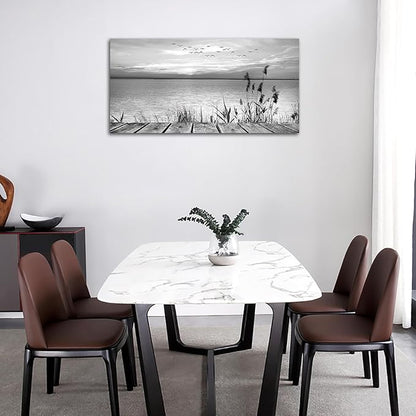 yearainn Black and White Canvas Wall Art Sunset Lake with Flying Birds Pictures for Wall Decor Nature Landscape Canvas Painting Artwork for Living Room Bedroom Home Office Wall Decoration 20" x 40"