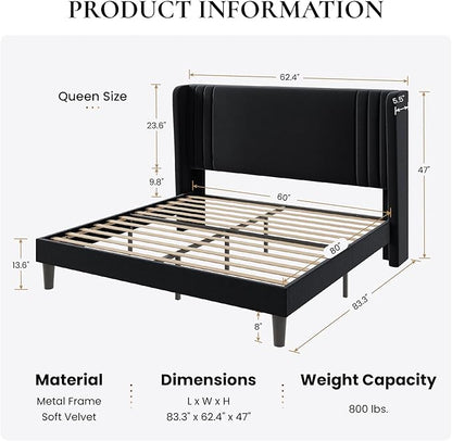 SHA CERLIN Queen Size Velvet Upholstered Platform Bed Frame with Vertical Channel Tufted Wingback Headboard, Wooden Slats Support, Easy Assembly, Under Bed Storage, No Box Spring Required, Black