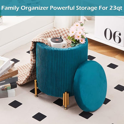 Mxfurhawa Round Ottoman Foot Stool with Storage and Metal Legs for Living Room Bedroom, Velvet Upholstered Footrest Stool Support 300lbs Modern Padded Seat Ottoman Coffee Table (Teal)