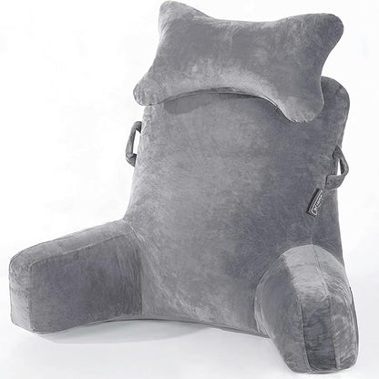 SLIGUY Reading Pillow-Bed Rest Pillow with Detachable Neck Roll & Support Arm for Sitting in Bed Couch or Floor-Backrest Reading Pillow Adult Back Pillow for Reading/Watching TV/Gaming,Dark Grey