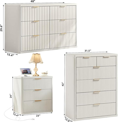 LEYAOYAO Fluted Dressers & Nightstand Set of 3, Wood 48" Wide Dresser & 42" Tall Chest of Drawers,Modern Bedroom Furniture Sets, Antique White Wooden Nightstand with 3 Drawers & Charging Station