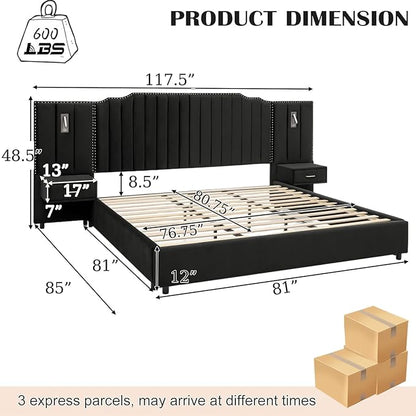 King Size Bed Frame with Storage, Luxury King Platform Bed Frame with Headboard, Velvet Fabric Upholstered Bedframe with LED Lights, Solid Frame & Bedside Table, No Box Spring Needed, Black