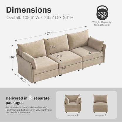 ABCASA 102.6" Modular Sectional Sofa, Oversized 3-Seater Couch with Removable Beige Chenille Fabric Cover, Deep Seat & High Backrest for Living Room, Office & Apartment