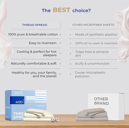 THREAD SPREAD Split King Sheets Sets for Adjustable Bed - 400 Thread Count 5 PC Sateen Split Sheet Set, Cooling Cotton Sheets, 2 Twin-XL Fitted Sheets, 16" Deep Pocket Split King Sheet (Ivory)