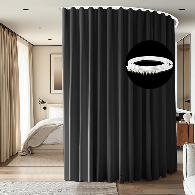 Room Divider Ceiling Mounted Curtains Track Sets Extra Wide Blackout Curtain Flexible Tracks for Bedroom Privacy Partition Separator, 1 Panel Black Drape and White Rail, W15 x H9ft
