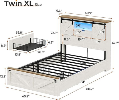 Hasuit Farmhouse Bed Frame Twin XL Size with 2 Storage Drawers, Wooden Platform Twin XL Bed with LED Lights and Charging Station, Rustic Headboard with Sliding Barn Door Storage Cabinets (White)