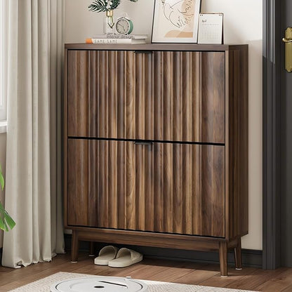 Shoe Storage Cabinet with 2 Flip Drawers, Walnut Fluted Narrow for Entryway, Slim Shoe Rack Cabinet Organizer 31.5in