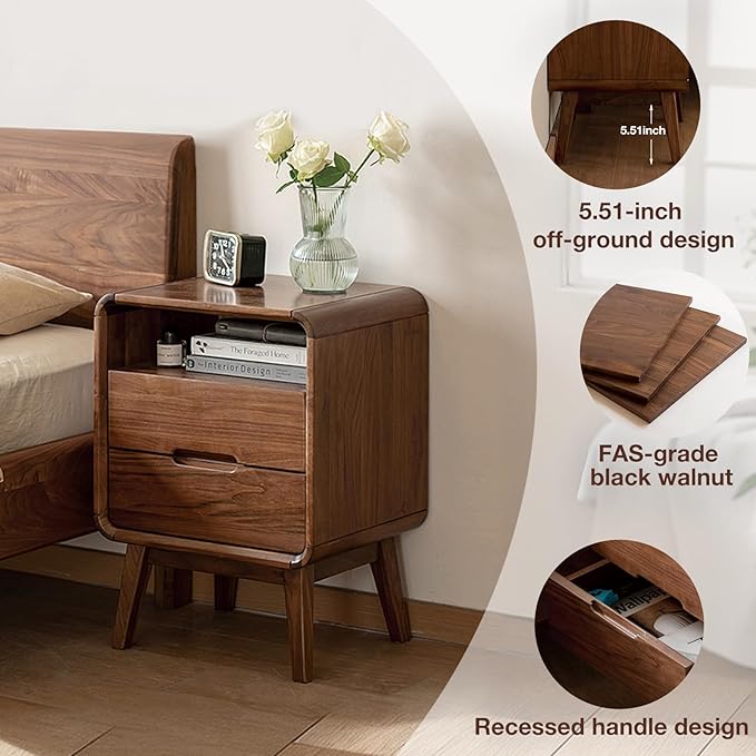 Walnut Nightstand Solid Wood Night Stand, Dark Wood Nightstands with 2 Drawers & Open Shelf, Mid Century Modern Nightstand, Wooden Bedside Table for Bedroom(Dark Black Walnut,23.23" H)
