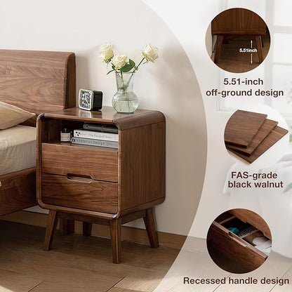 Walnut Nightstand Solid Wood Night Stand, Dark Wood Nightstands with 2 Drawers & Open Shelf, Mid Century Modern Nightstand, Wooden Bedside Table for Bedroom(Dark Black Walnut,23.23" H)