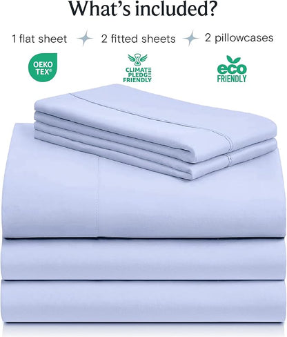 LuxClub 5 PC Sheet Set Bed Sheets Deep Pockets 16" Eco Friendly Wrinkle Free Cooling Machine Washable Hotel Bedding Silky Soft - Sky Blue Split King