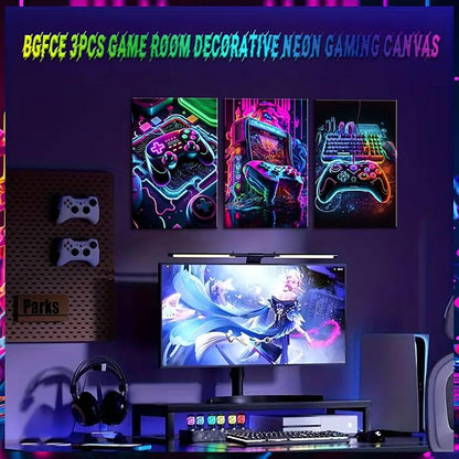 BGFCE Game Room Decor Set of 3 - Neon Gaming Accessories Theme Canvas Wall Art, Gamer Console Paintings Posters Picture Wall Decor for Children Youth Boys Bedroom 16x24in Framed