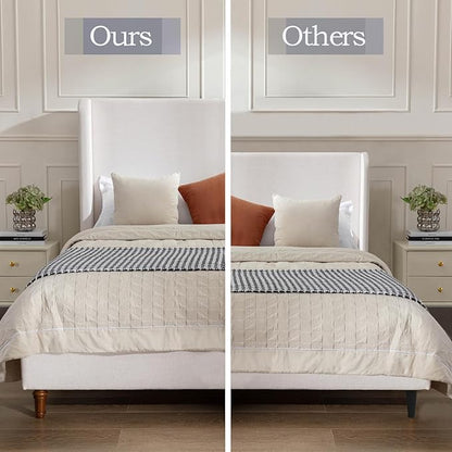 King Size Upholstered Platform Bed with 54" Tall Wingback Headboard/Elegant Upholstered Bed Frame Without Wooden Slats/Box Spring Required/Easy Assembly/Textured Ivory Canvas