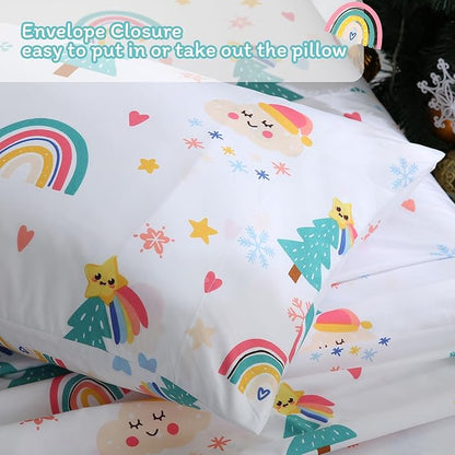 JSD Christmas Kids Sheet Set Full Size, 4 Piece Rainbow Christmas Tree Printed Microfiber Bed Sheets Deep Pocket
